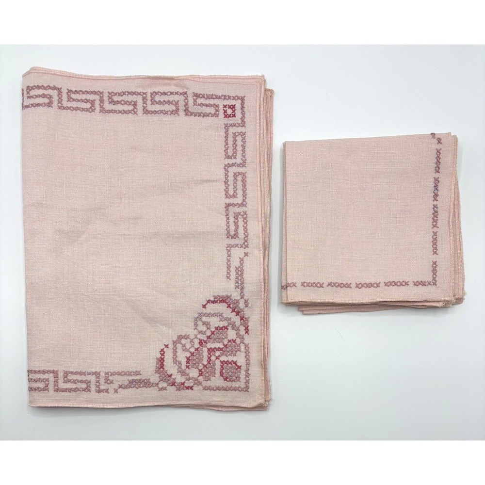 Vintage Light Pink Embroidered Cross-stitch Linen 4 Napkins & 4 Placemats